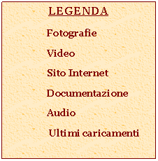 Casella di testo: LEGENDA
Fotografie
Video
Sito Internet
Documentazione
Audio
Ultimi caricamenti